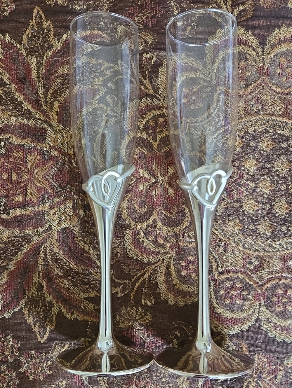 Vintage Lenox Sterling Silver Plated Glass Champagne Flutes with Hearts